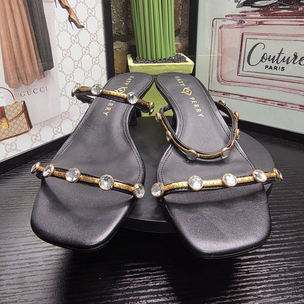 Katy Perry Collections Black Gold Jeweled Strap Kitten Heel Sandals - Picture 3 of 4
